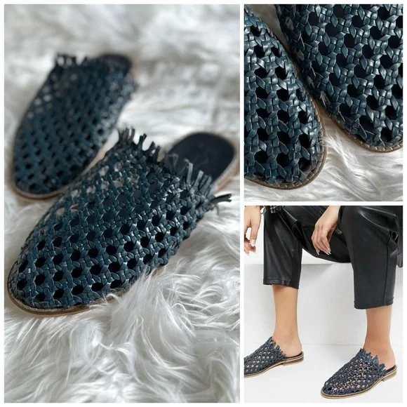 FREE PEOPLE 41 / 11 Mirage Woven Flats Leather Basket Weave Slip On Mules Navy - Picture 8 of 13